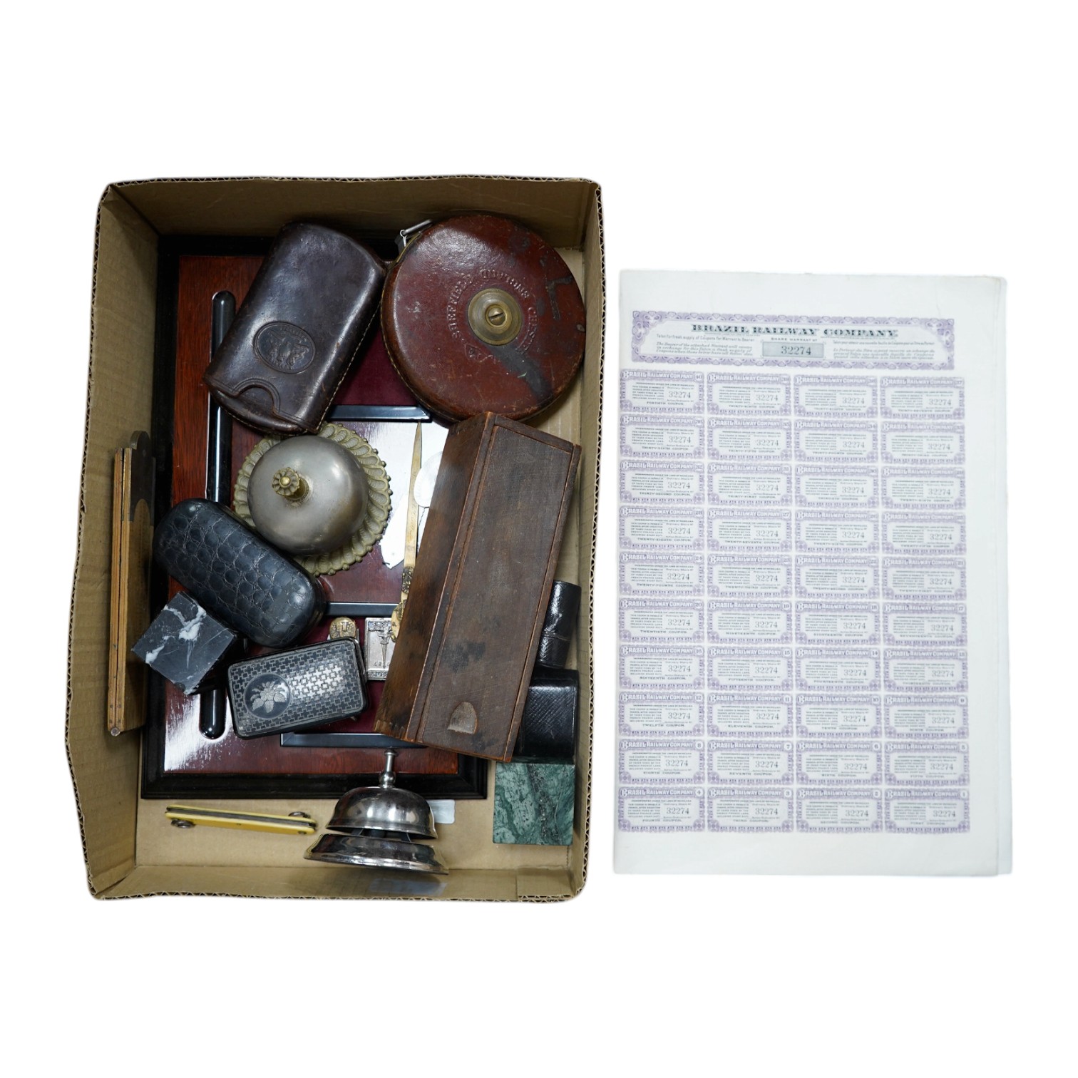 Sundry items to include desk items, Domino set, pocket knives and other ephemera. Condition - varies